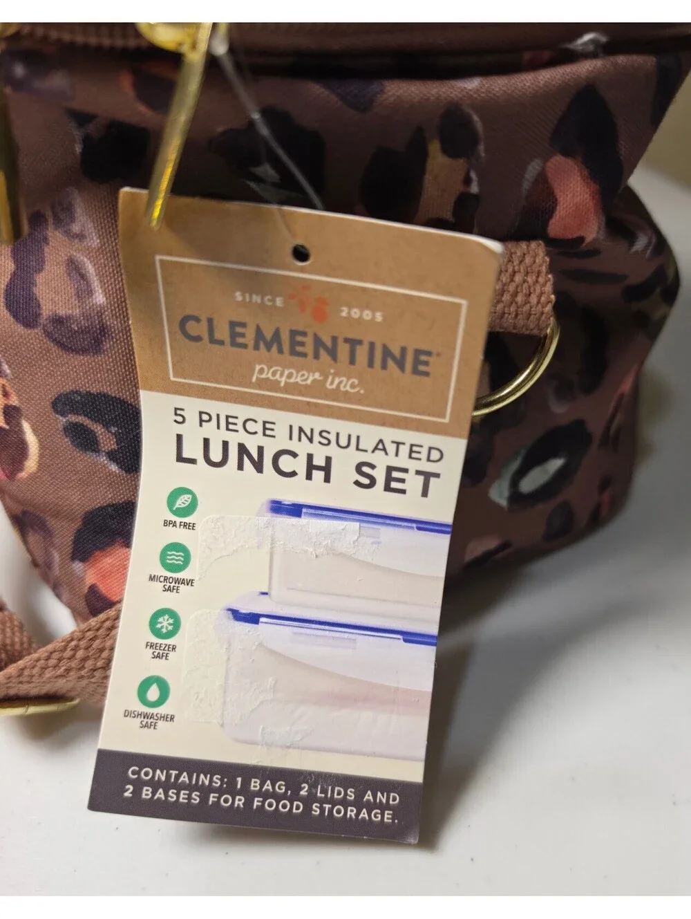 Clementine 5 Piece Insulated Lunch Set with Leopard Print